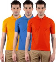 Gdivine Solid Men's Polo Neck Gold, Light Blue, Orange T-Shirt(Pack of 3)