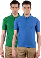Gdivine Solid Men's Polo Neck Green, Light Blue T-Shirt(Pack of 2)