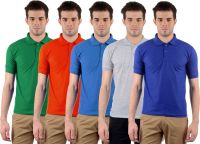 Gdivine Solid Men's Polo Neck Green, Red, Grey, Blue, Light Blue T-Shirt(Pack of 5)
