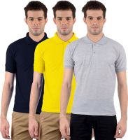 Gdivine Solid Men's Polo Neck Grey, Yellow, Dark Blue T-Shirt(Pack of 3)