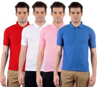 Gdivine Solid Men's Polo Neck Pink, Light Blue, White, Red T-Shirt(Pack of 4)
