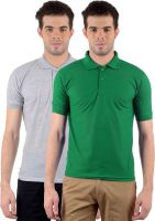 Gdivine Solid Men's Polo Neck Green, Grey T-Shirt(Pack of 2)