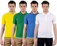 Gdivine Solid Men's Polo Neck Green, Yellow, White, Light Blue T-Shirt(Pack of 4)