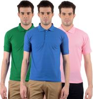 Gdivine Solid Men's Polo Neck Pink, Green, Light Blue T-Shirt(Pack of 3)