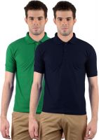Gdivine Solid Men's Polo Neck Dark Blue, Green T-Shirt(Pack of 2)