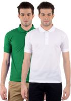 Gdivine Solid Men's Polo Neck Green, White T-Shirt(Pack of 2)