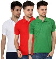 Grand Bear Solid Men's Polo Neck White, Red, Green T-Shirt(Pack of 3)