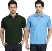 Krazy Katz Solid Men's Polo Neck Dark Green, Light Blue T-Shirt(Pack of 2)