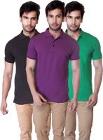 LanosUC Solid Men's Polo Neck Black, Purple, Green T-Shirt(Pack of 3)
