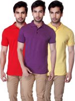 LanosUC Solid Men's Polo Neck Red, Purple, Yellow T-Shirt(Pack of 3)