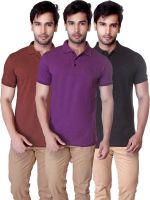 LanosUC Solid Men's Polo Neck Brown, Purple, Black T-Shirt(Pack of 3)