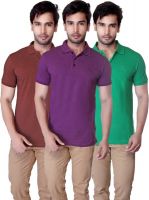 LanosUC Solid Men's Polo Neck Brown, Purple, Green T-Shirt(Pack of 3)