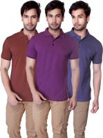 LanosUC Solid Men's Polo Neck Brown, Purple, Light Blue T-Shirt(Pack of 3)