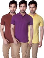 LanosUC Solid Men's Polo Neck Brown, Purple, Yellow T-Shirt(Pack of 3)