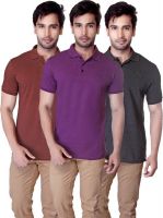 LanosUC Solid Men's Polo Neck Brown, Purple, Grey T-Shirt(Pack of 3)