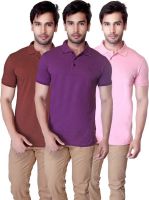 LanosUC Solid Men's Polo Neck Brown, Purple, Pink T-Shirt(Pack of 3)