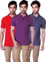 LanosUC Solid Men's Polo Neck Red, Purple, Light Blue T-Shirt(Pack of 3)