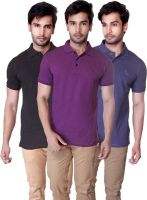 LanosUC Solid Men's Polo Neck Black, Purple, Light Blue T-Shirt(Pack of 3)
