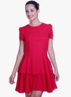 MEIRO Red Colored Solid Skater Dress