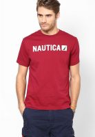 Nautica Maroon Solid Round Neck T-Shirts