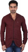 Pierrot Men's Solid Casual Linen Maroon Shirt