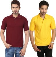 Weardo Solid Men's Polo Neck Yellow, Maroon T-Shirt(Pack of 2)