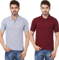 Weardo Solid Men's Polo Neck Maroon, Grey T-Shirt(Pack of 2)