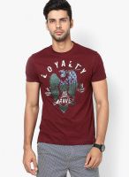 Wilkins & Tuscany Maroon Printed Round Neck T-Shirts