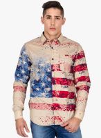 DERBY JEANS COMMUNITY Beige Printed Slim Fit Casual Shirt