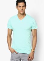 Globus Aqua Blue Solid V Neck T-Shirts