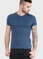 Incult Navy Blue Solid Henley T-Shirts