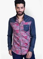 Mr Button Printed Blue Casual Shirt
