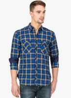 Slub Navy Blue Checked Regular Fit Casual Shirt