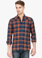 Slub Orange Checked Slim Fit Casual Shirt