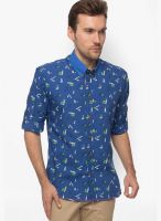 Slub Printed Blue Casual Shirt