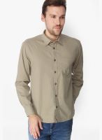 Slub Solid Khaki Casual Shirt
