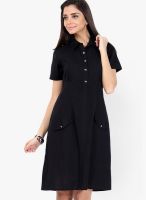 109F Black Colored Solid Skater Dress