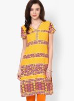 Aurelia Mustard Yellow Printed Kurtas