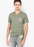 Basics Green Printed V Neck T-Shirts