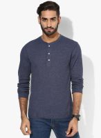 Mango Man Navy Blue Solid Henley T-Shirt