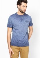 V Dot Blue Solid Henley T-Shirts