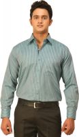 Seven Days Men's Striped Formal Green Shirt