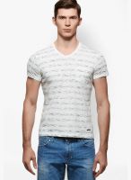 Sisley Off White Printed V Neck T-Shirts