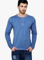 Camino Blue Solid Henley T-Shirts