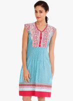 Fusion Beats Aqua Blue Colored Printed Shift Dress