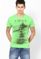 Gas Green Printed Round Neck T-Shirts