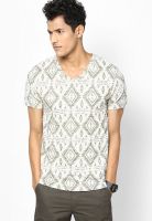 Incult Beige Printed V Neck T-Shirts