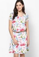 MIAMINX White Floral Print Cotton Dress With Pleated Neck And Braided Belt