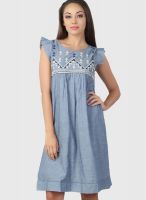 Mineral Blue Colored Embroidered Shift Dress
