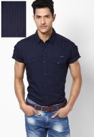 Mufti Solid Navy Blue Casual Shirt